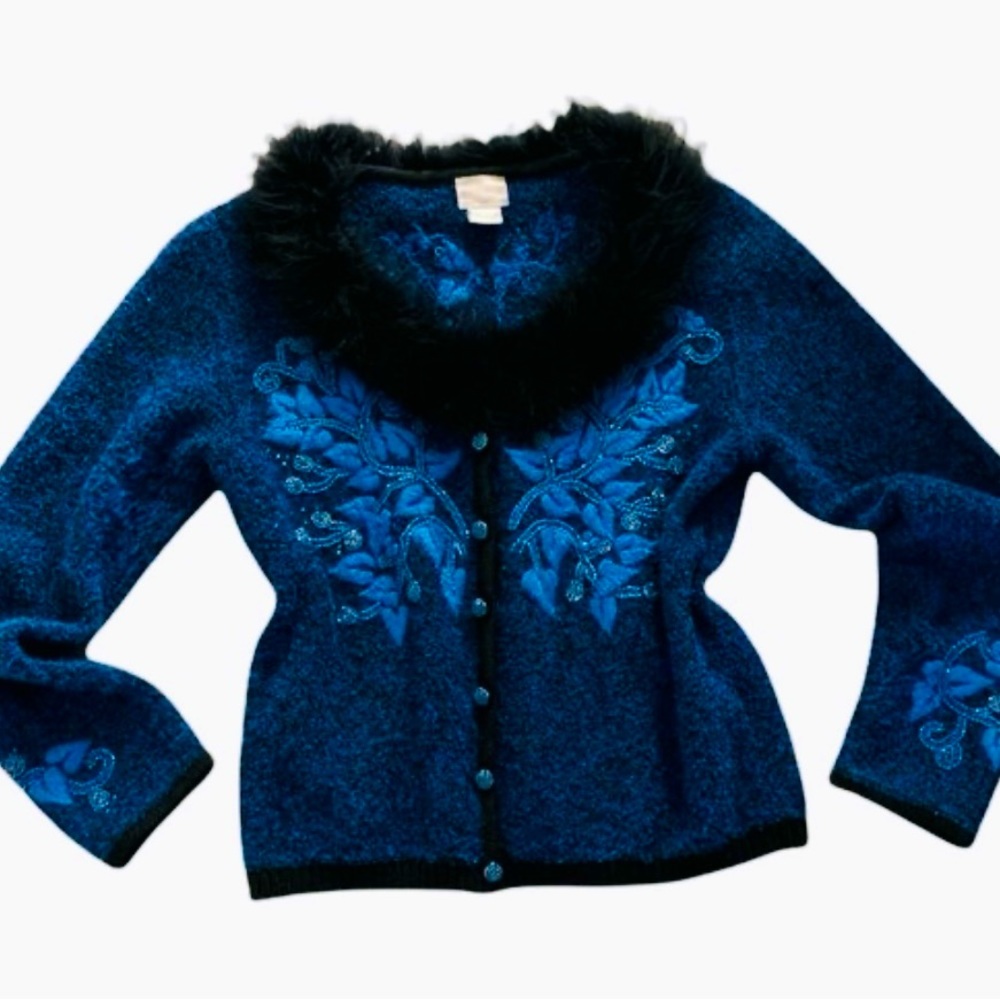 Beautiful Berek Royal Blue and Black Sweater w/ Black Fur Collar and Cuffs, Med